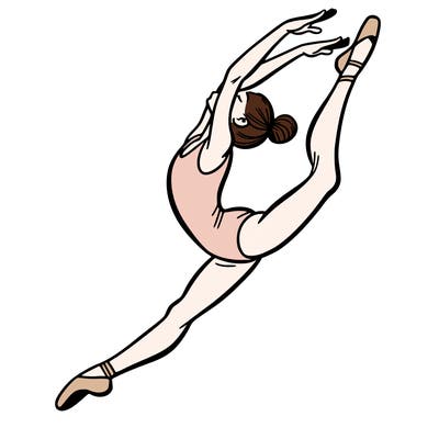 gymnast doing a leap in a leotard with a bent back leg