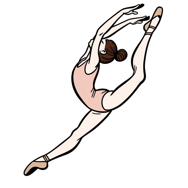 gymnast doing a leap in a leotard with a bent back leg
