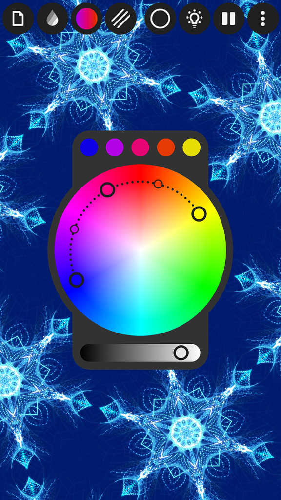 A colorful wheel selector for creating mandala art in the Inspirit app over a glowing blue background