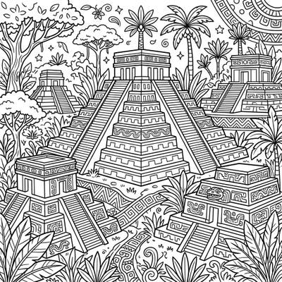 Immerse yourself in the majesty of pre-Columbian architecture with this captivating coloring page featuring grand Mesoamerican pyramid temples. Discover the intricate details of these ancient wonders nestled within a lush jungle setting.