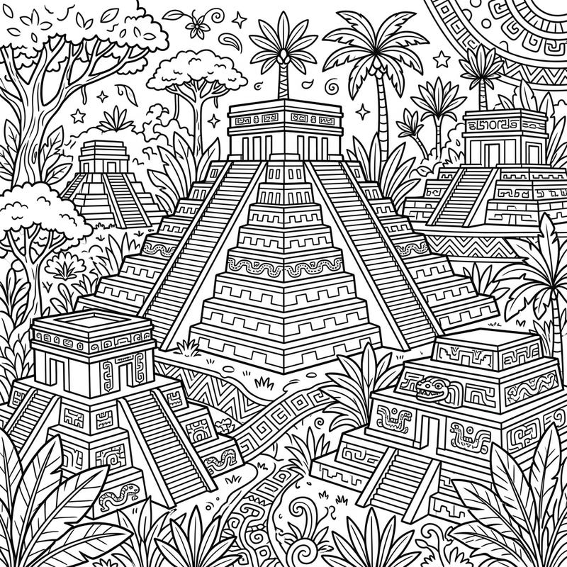Immerse yourself in the majesty of pre-Columbian architecture with this captivating coloring page featuring grand Mesoamerican pyramid temples. Discover the intricate details of these ancient wonders nestled within a lush jungle setting.