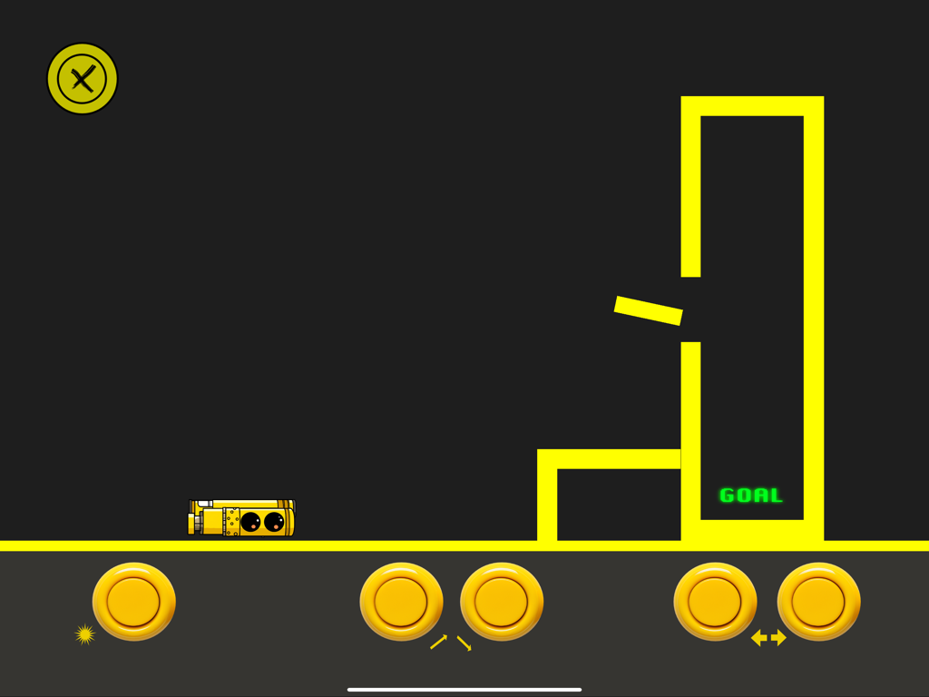 The Backrooms - Uma tela de minijogo de fliperama retrô 2D no aplicativo The Backrooms com plataformas de neon amarelas e uma área de meta verde em um fundo escuro.