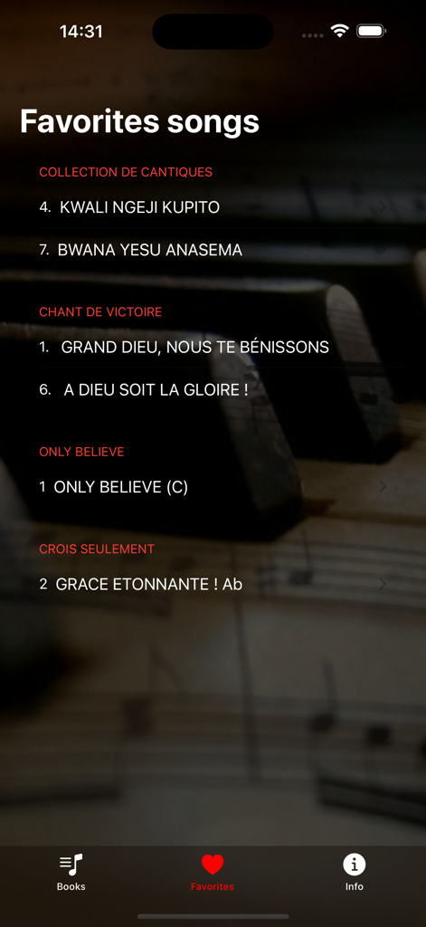 Songs of praise - Tela de favoritos exibindo uma lista de hinos religiosos em suaíli, francês e inglês dentro do aplicativo Songs of Praise.
