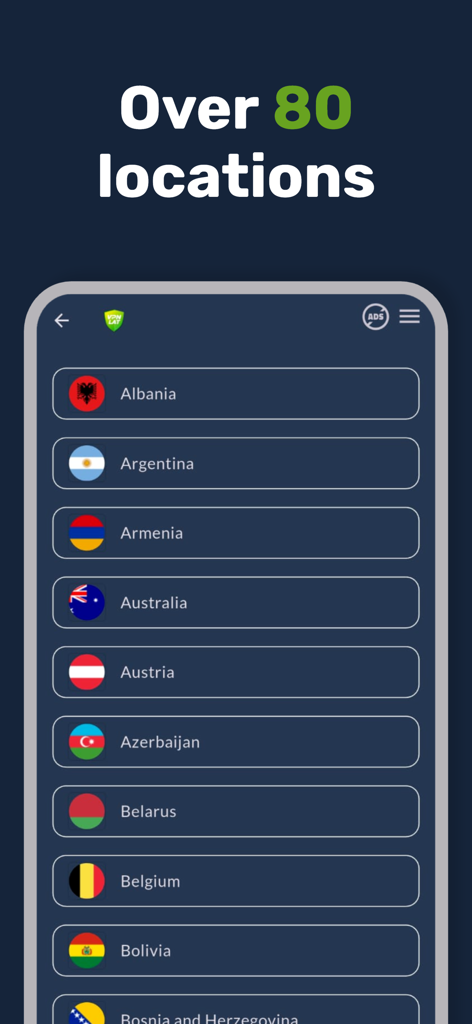 VPN.lat: unlimited and secure - VPN.latアプリのインターフェース。さまざまな国にわたる80以上のサーバーロケーションのリストが表示されています。