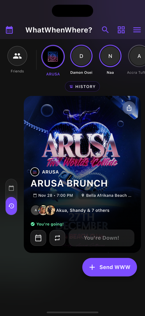 WhatWhenWhere? - Screenshot of the WhatWhenWhere app showing an event card for Arusa Brunch with event date location and RSVP details