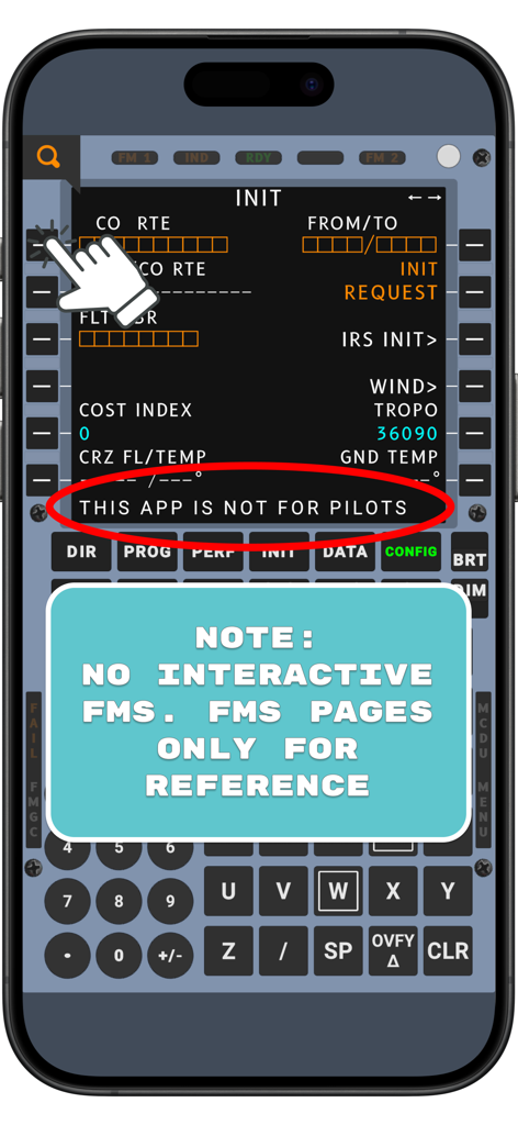 A320 CFDS Trainer - Captura de pantalla de la aplicación Entrenador CFDS A320 que muestra una interfaz MCDU con un descargo de responsabilidad de que la aplicación es para personal de mantenimiento y no para pilotos.