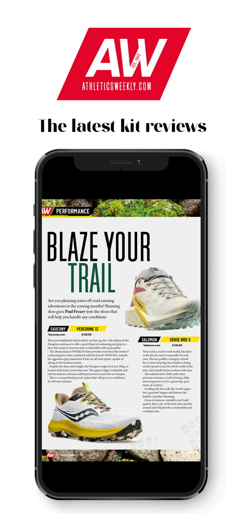 A smartphone screen displaying trail running shoe reviews in the Athletics Weekly magazine app.