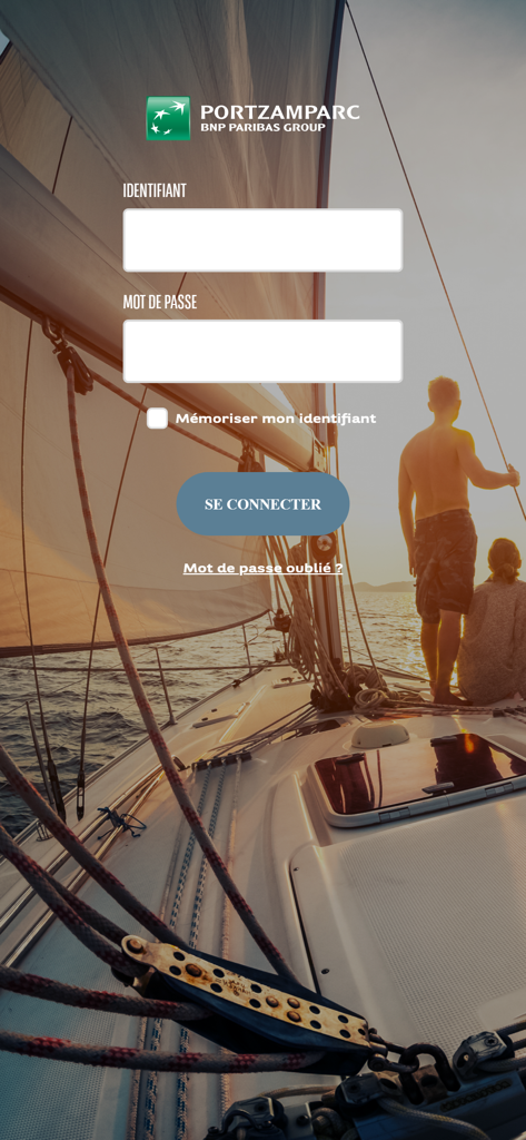 L'Appli Bourse Portzamparc - Login page of the Portzamparc stock market mobile application featuring institutional branding over a sailing background.