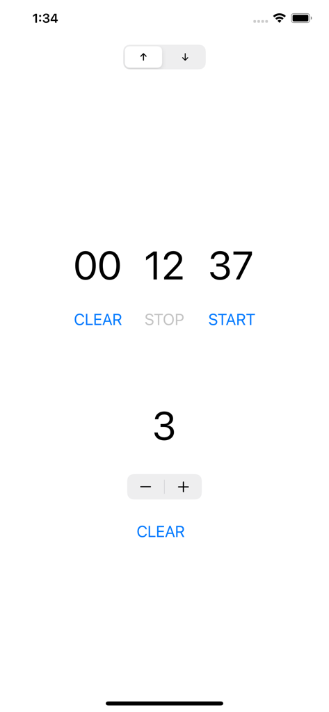 TapTime – Time & Count - TapTimeアプリのインターフェース。デジタルタイマーと手動タップカウンターが表示されています。
