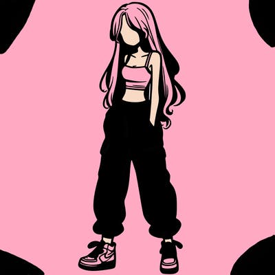 girl in baggy pants crop top and long hair