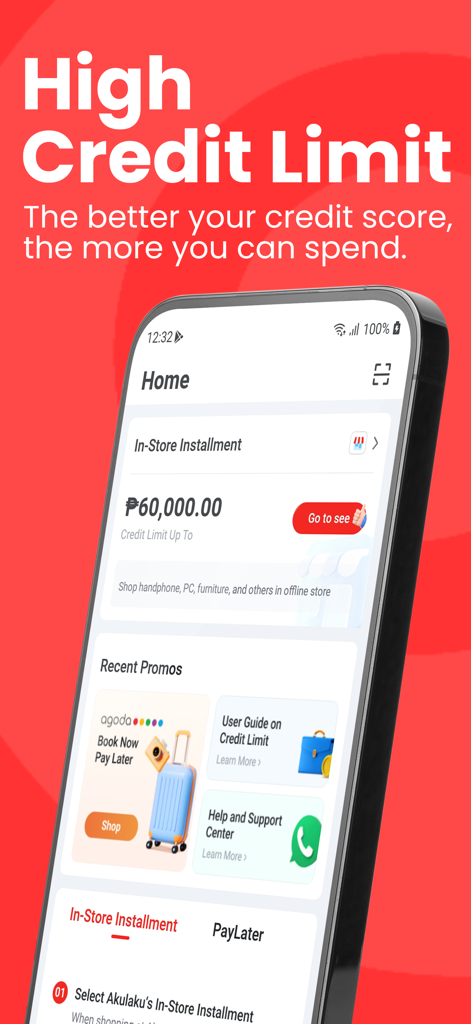 Mobile app interface of Akulaku PayLater showing a high credit limit of 60,000 pesos on a red and white background.