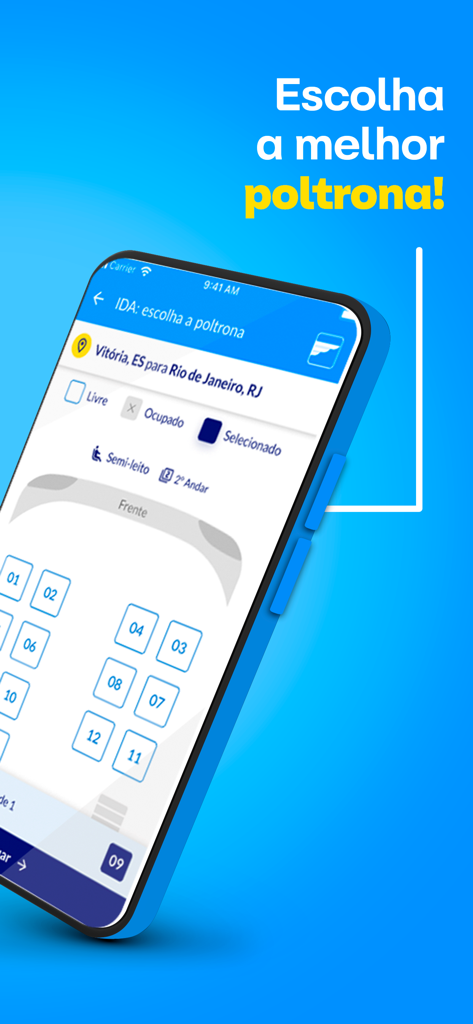 Águia Branca Passagens - Interfaccia dell'app di biglietti dell'autobus Aguia Branca che mostra la mappa di selezione dei posti per un viaggio da Vitória a Rio de Janeiro.