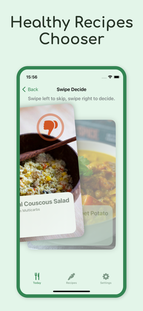 AI Meal planner: Easy Recipes - Mobile screen showing swipe to choose meal recipes feature