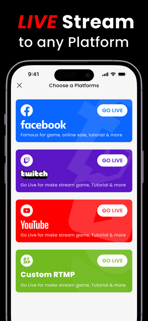 Live Recorder: Record Screen - Interface of Live Recorder app showing options to live stream to Facebook Twitch YouTube and Custom RTMP
