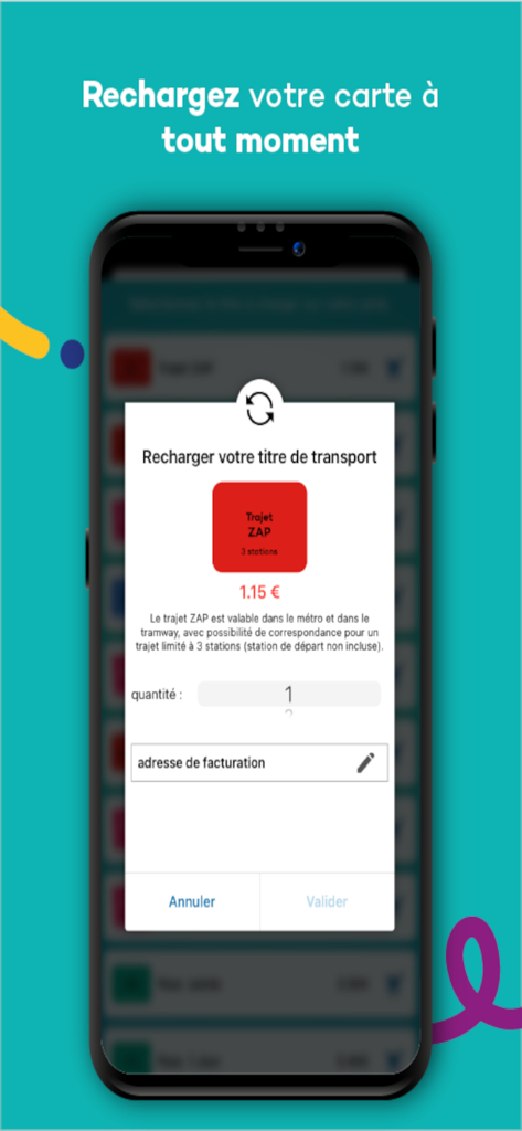 Pass Pass Easy Card - Interface mobile de l'application Pass Pass Easy Card montrant une fenêtre contextuelle pour recharger un ticket de transport pour le réseau de transport de Lille.