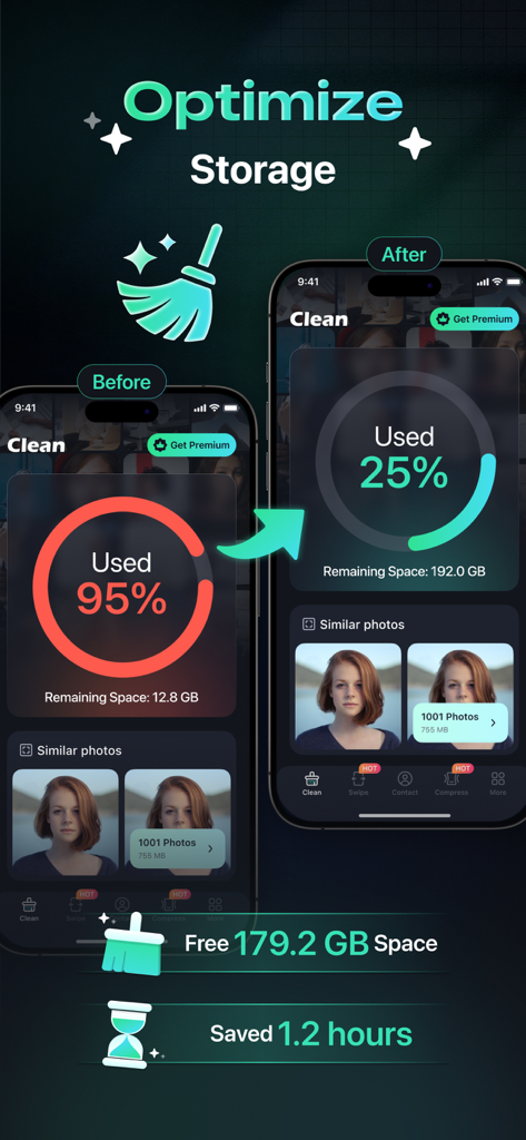 Before and after comparison showing how Space Cleaner frees up 179GB of phone storage space