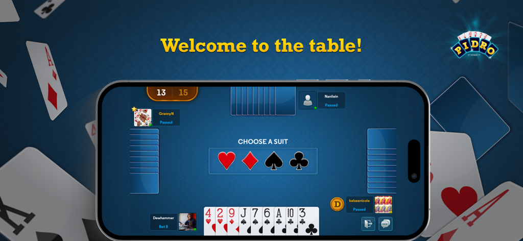 A smartphone screen displaying the Pidro card game interface with a player choosing a suit among hearts, diamonds, spades, and clubs.