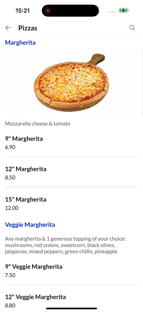 Popeyes. - A mobile app screen showing Margherita and Veggie Margherita pizza options with prices.