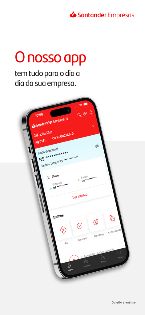 Pantalla de smartphone mostrando el panel de control de la app de banca de negocios Santander Empresas con el saldo e iconos de acceso rápido.