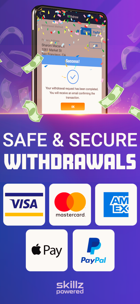 Block Puzzle Win Real Money - Visa、Mastercard、PayPalなどのサポートされている支払い方法と、成功した引き出しメッセージを示すBlock Puzzle Win Real Moneyの画面キャプチャ。
