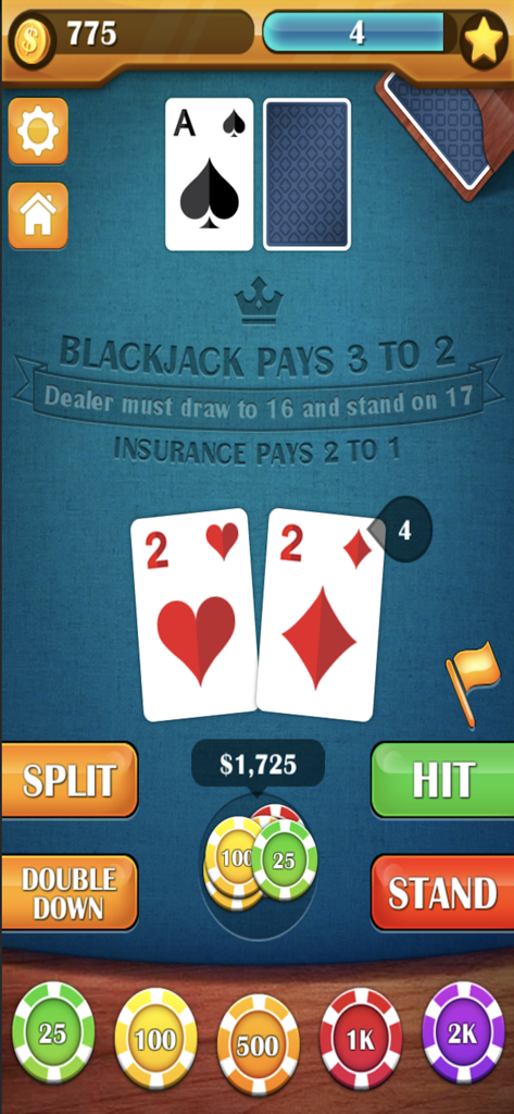 Interfaccia di gioco mobile di Blackjack 21 che mostra le carte del giocatore, la mano del banco e le opzioni di scommessa