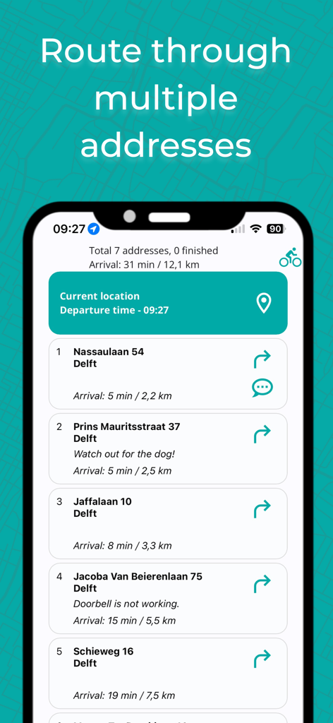 IBI - Optimal route planner - A mobile interface of the IBI app showing a list of delivery addresses with optimized arrival times and specific driver notes.