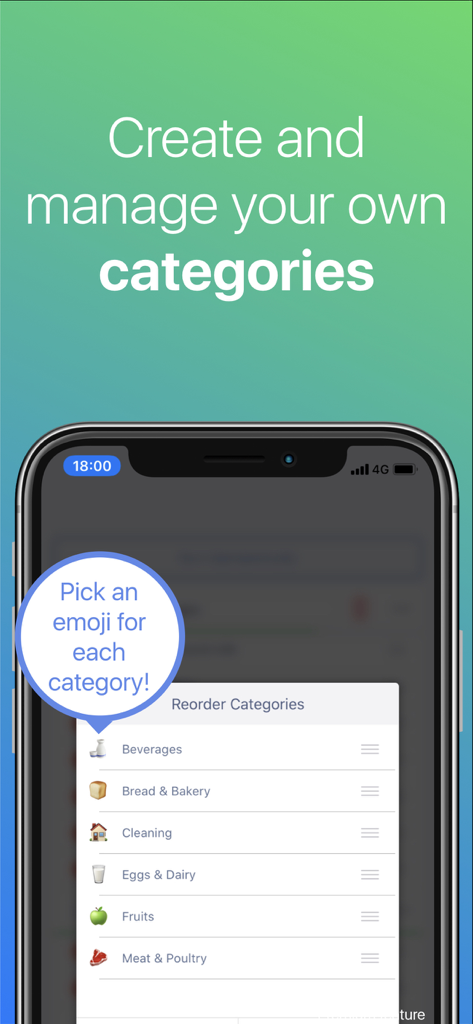 Un écran d'application mobile montrant comment créer et gérer des catégories de courses personnalisées avec des emojis correspondants comme du lait pour les boissons et du pain pour la boulangerie.