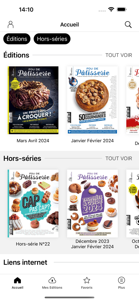 Fou de Pâtisserie - Interface of the Fou de Patisserie app displaying multiple magazine editions and pastry recipes