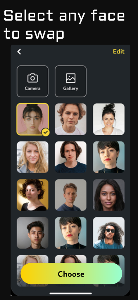 User interface of the SwapMe app showing a grid of faces to select for a face swap