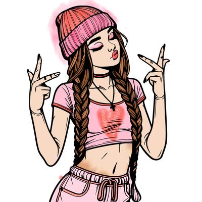 realistic teenage girl with braids and a beanie and crop top doing 🫶🏼
