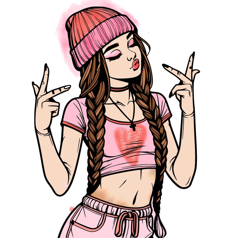realistic teenage girl with braids and a beanie and crop top doing 🫶🏼