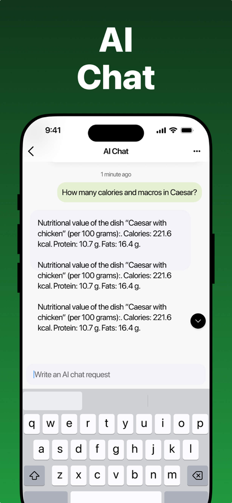 Keto Diet App & Carb Manager - AI chat interface in a keto diet app showing calorie and macronutrient tracking