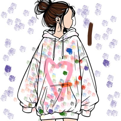realistic girl with a oversized sweatshirt on and a bun