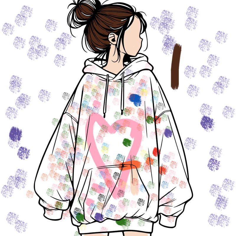 realistic girl with a oversized sweatshirt on and a bun
