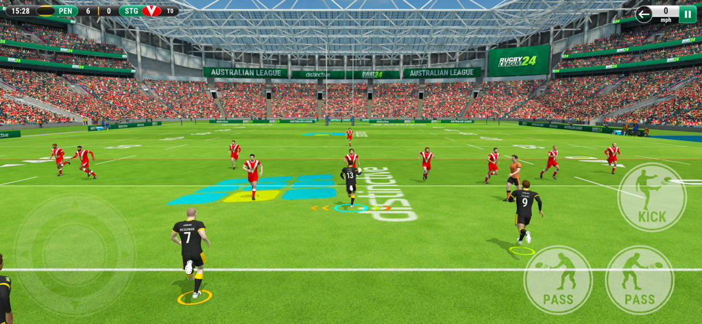 Rugby League 24 - Rugby League 24 mobile gameplay showing a match in a large stadium