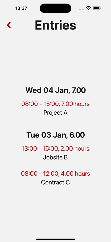 Tímavera - Eine Liste täglicher Arbeitszeitaufzeichnungen, die die geleisteten Stunden für verschiedene Projekte und Arbeitsstellen zeigt