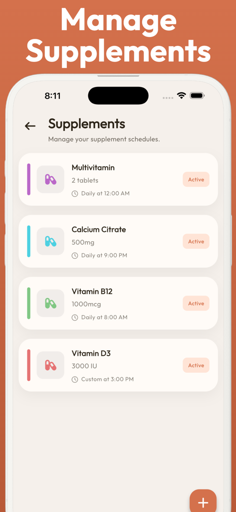 Bariatric Food Tracker - Bari - A mobile interface for managing supplement schedules and vitamin reminders