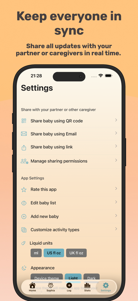 Baby Feeding Tracker NooraBaby - Noora Babyアプリの設定画面。介護者共有オプションと単位カスタマイズを表示しています。