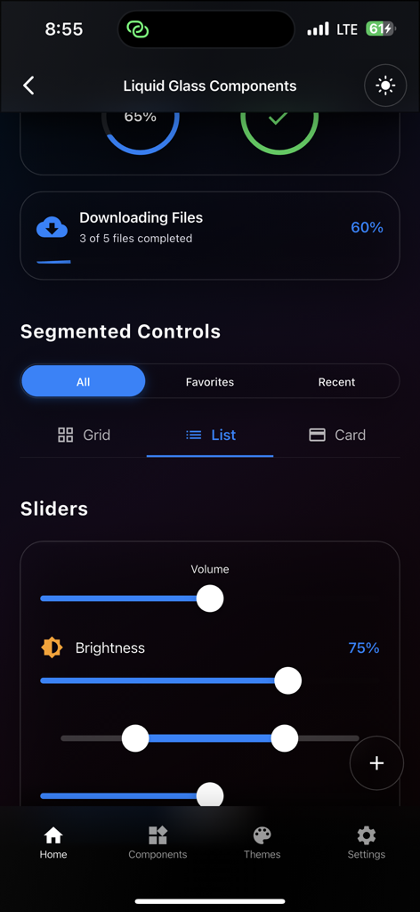Uma demonstração de componentes de UI glassmorphism incluindo sliders, controles segmentados e barras de progresso em um app Flutter com tema escuro