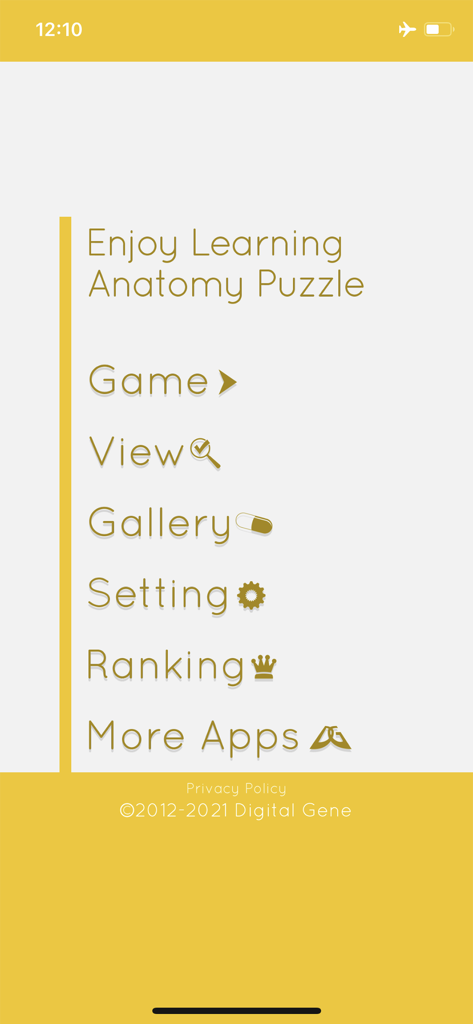 The main menu of the Enjoy Learning Anatomy Puzzle app displaying options for Game View Gallery Setting and Ranking