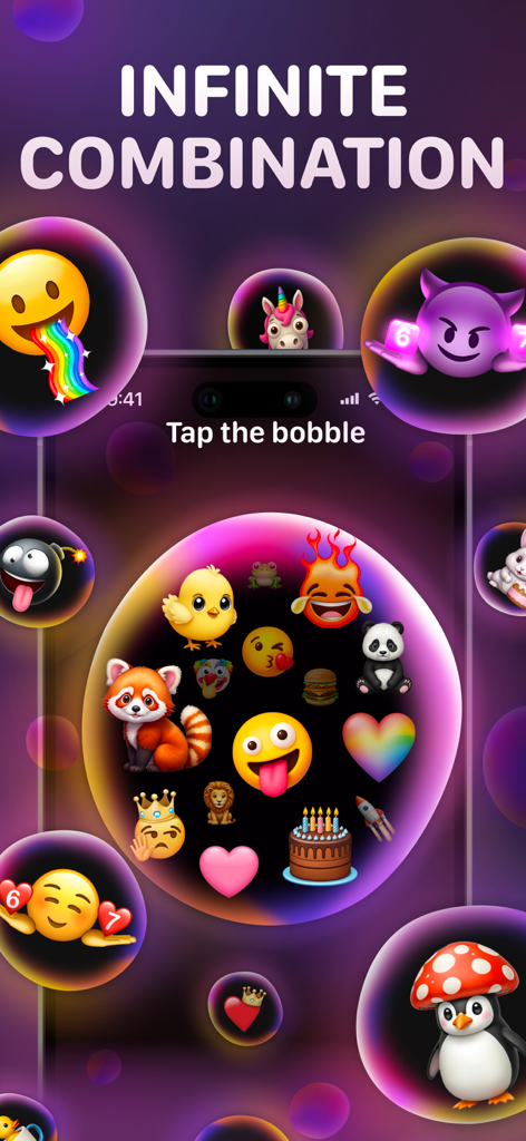 Merge & Mix Emoji: Mixermoji - Mixermojiアプリのインターフェース。カラフルな浮遊バブルの中に、様々なユニークなカスタム絵文字が表示されている様子を表示。