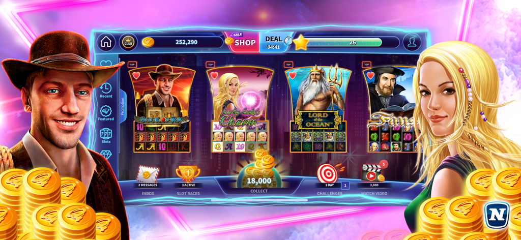Interface of the GameTwist app showing various slot games like Book of Ra and Lord of the Ocean with stacks of virtual gold coins.