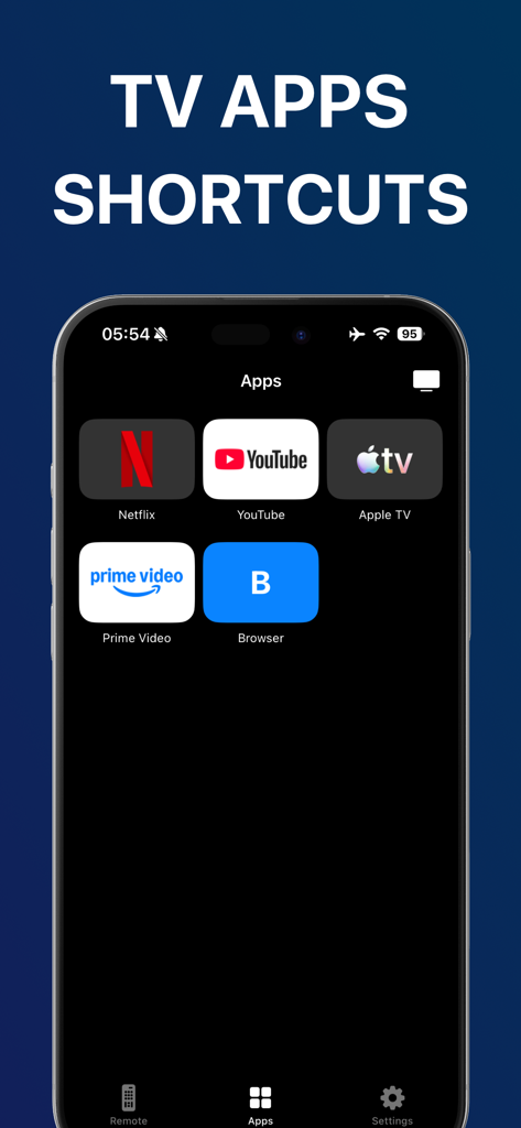 iPhone screen showing the shortcuts menu of the TV Remote Control app featuring Netflix YouTube Apple TV and Prime Video buttons