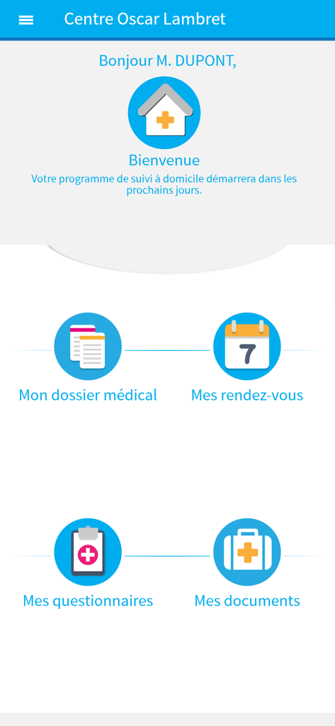 MonOscar - Dashboard of the MonOscar medical app showing options for medical files appointments questionnaires and documents