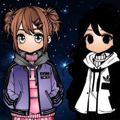 two anime girls wearing streetwear
