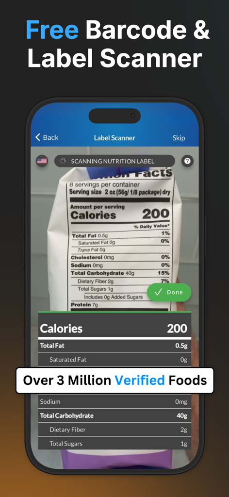 Interface de l'application MacrosFirst scannant une étiquette d'informations nutritionnelles pour le suivi des calories et des macros