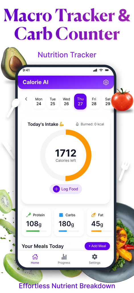 Ai Food Scanner - Snap Calorie - A mobile app screen showing a calorie counter and daily macro nutrients breakdown for protein carbs and fats
