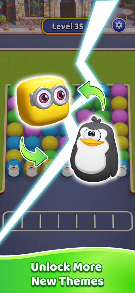 Match Jam 3D - A game screenshot showing level 35 and a prompt to unlock more new themes including penguins and characters with goggles.