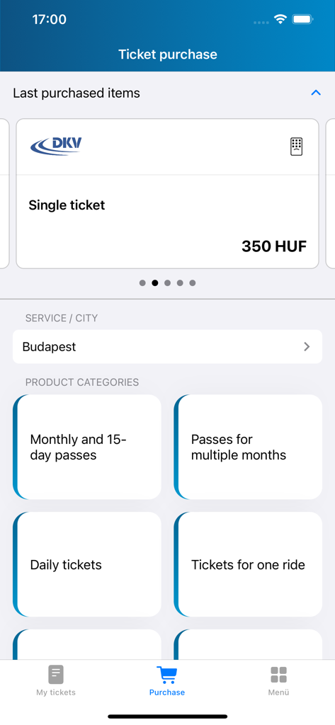 Mobiljegy app ticket purchase interface showing public transport options for Budapest.