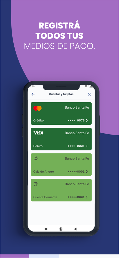 Billetera Santa Fe - Bildschirm der Billetera Santa Fe App, der registrierte Bankkarten und Konten anzeigt